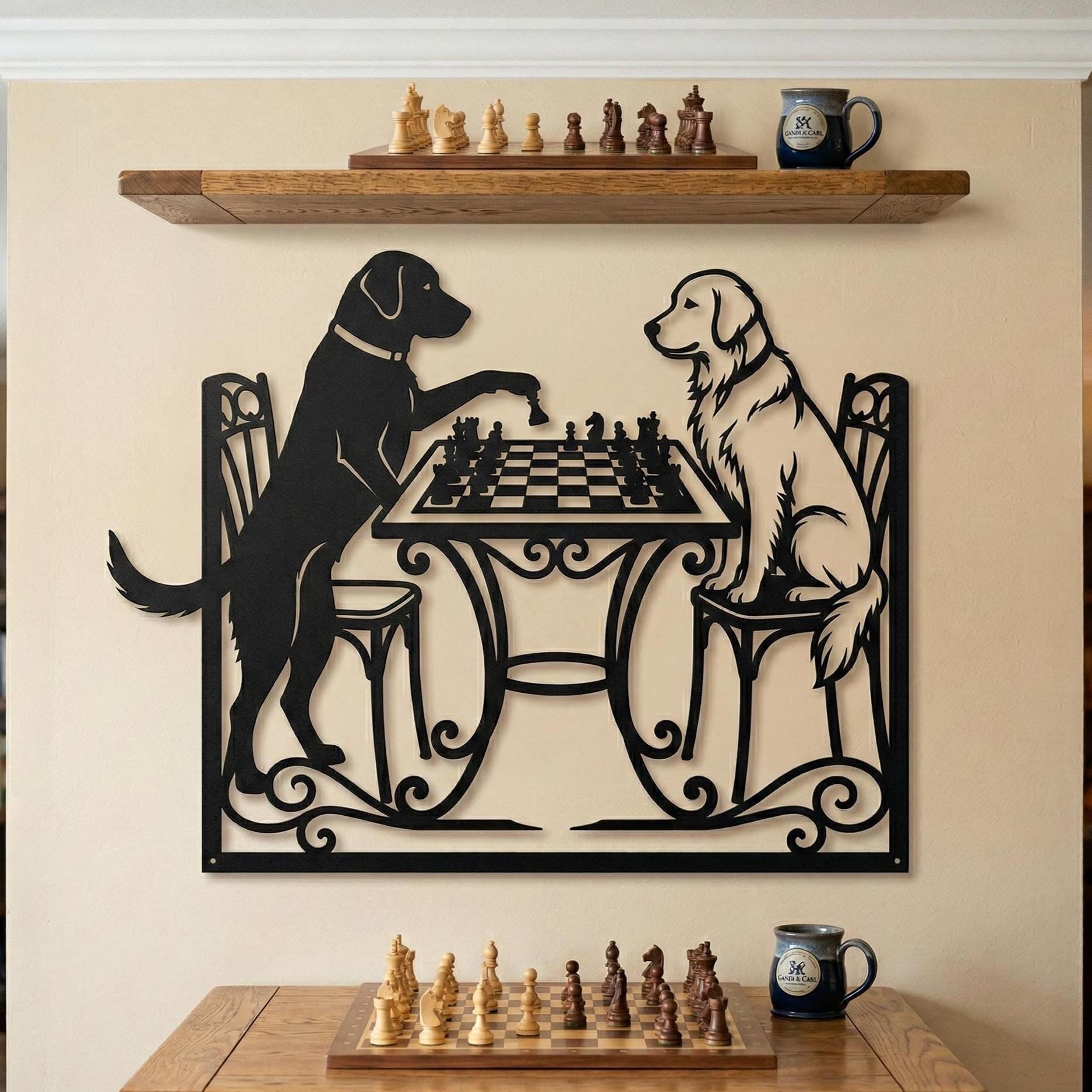 Satranç Oynayan Köpekler Metal Duvar Tablosu